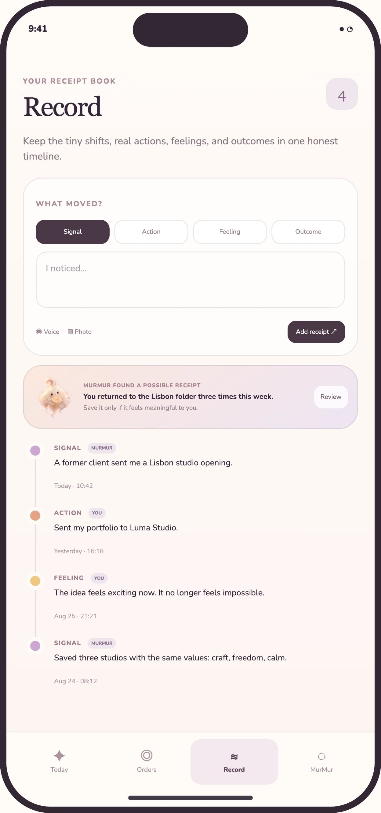 The full MurMur Record screen showing the timeline the user controls