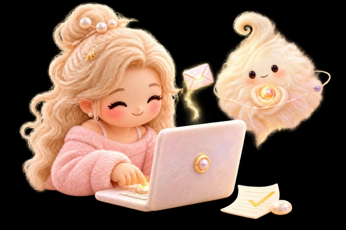 A woman sending her portfolio while MurMur helps beside her