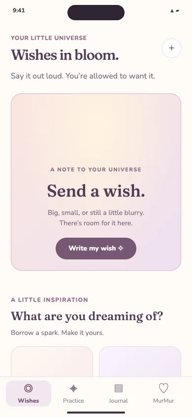 Screenshot of the MurMur app prototype on a phone: the Wishes screen with a “Send a wish” card and a Write my wish button.