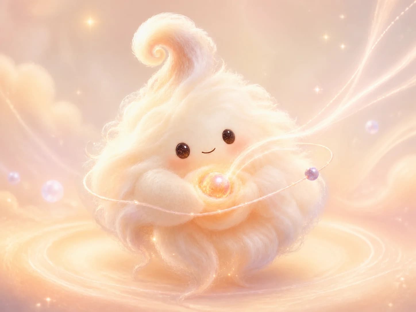 MurMur, a fluffy cream-colored character, holding a small glowing orb close like a whispered wish, surrounded by soft peach light and drifting pearls.