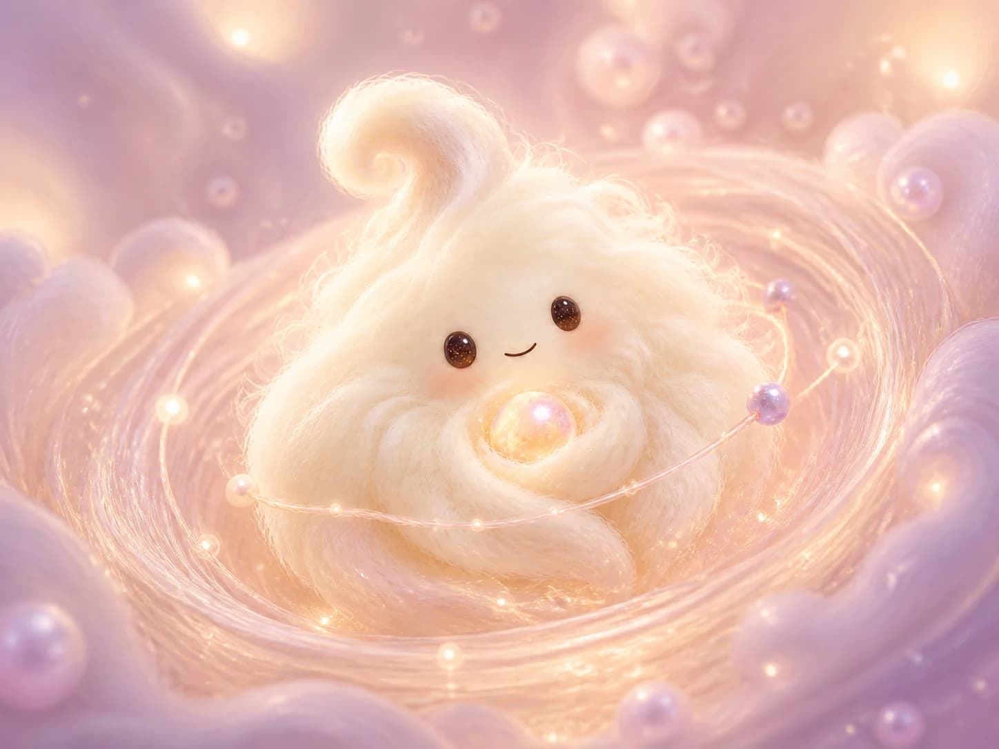 A soft, felted cream-colored MurMur character smiling and cradling a small glowing pearl, surrounded by lilac swirls and floating pearls.