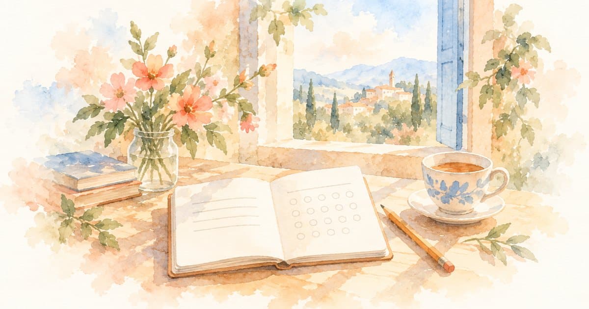 Watercolor of a small notebook open to three soft rows of blank lines and a calendar grid of empty circles, a 369 method tracker on paper, with a pencil and a cup of tea in morning light.