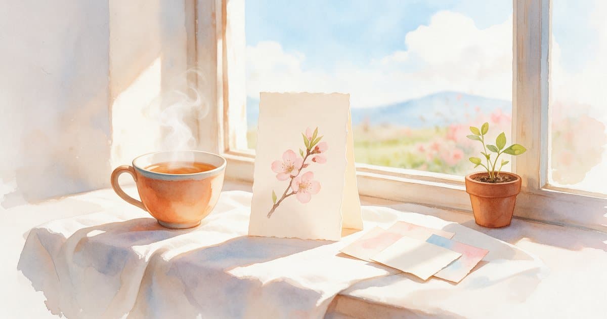 Watercolor of a blank handmade card with a peach blossom sprig, standing beside a steaming cup of tea and a potted seedling on a sunny windowsill, ready for a handwritten affirmation.