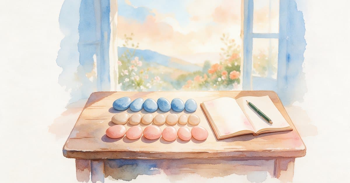 Watercolor of three rows of smooth pebbles, like the 369 method’s three rounds, on a wooden desk beside an open notebook and a pen.
