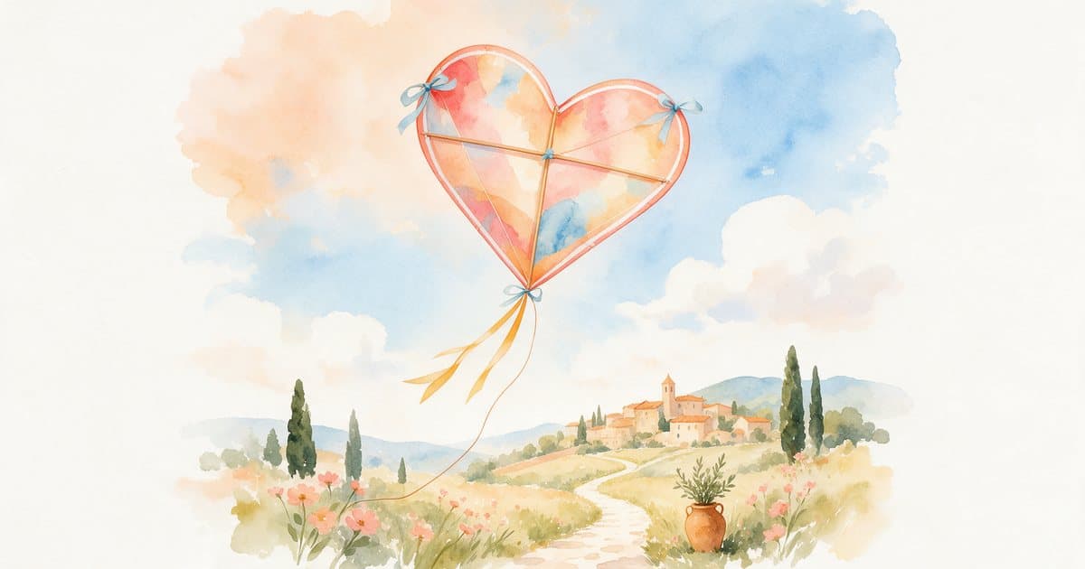 Watercolor of a heart-shaped paper kite flying high over a sunlit meadow and a hill town, a big delulu dream held on a string.