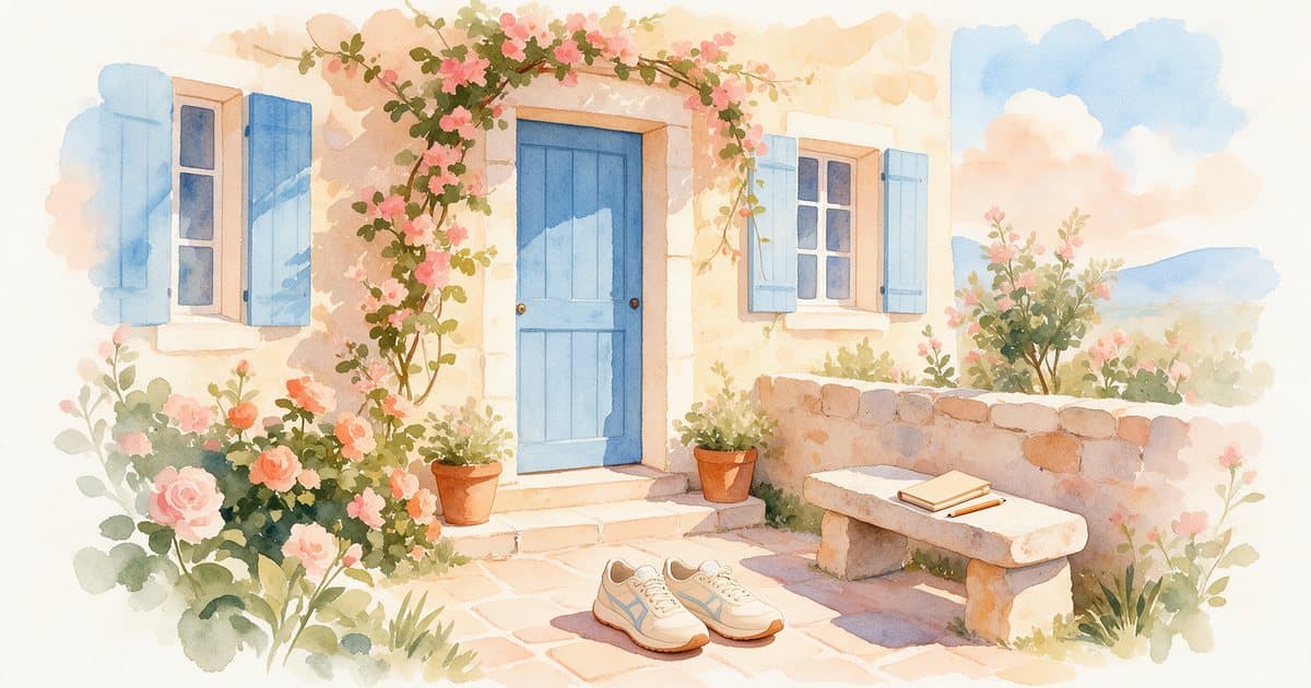 Watercolor of running shoes waiting by a sunlit front door, an implementation intention set out the night before, with a notebook and pencil on the stone bench beside them.