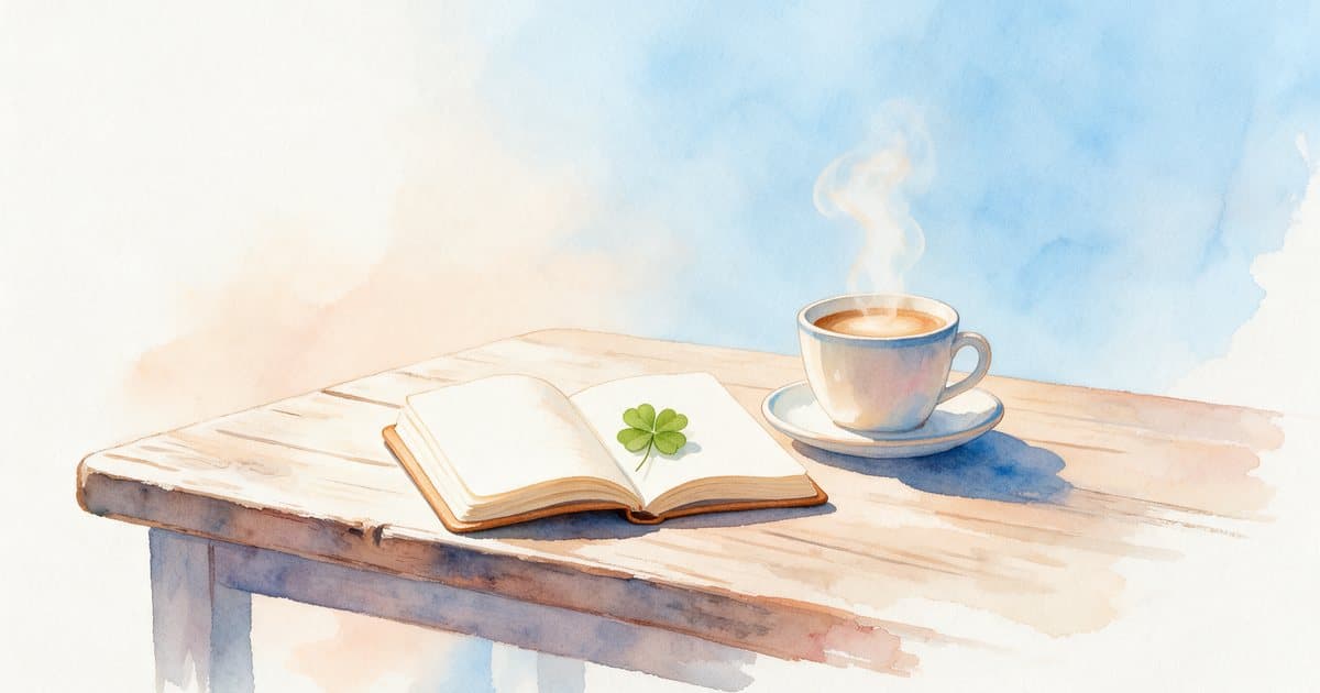 Watercolor of a lucky four-leaf clover pressed in an open notebook beside a cup of coffee on a sunny table.