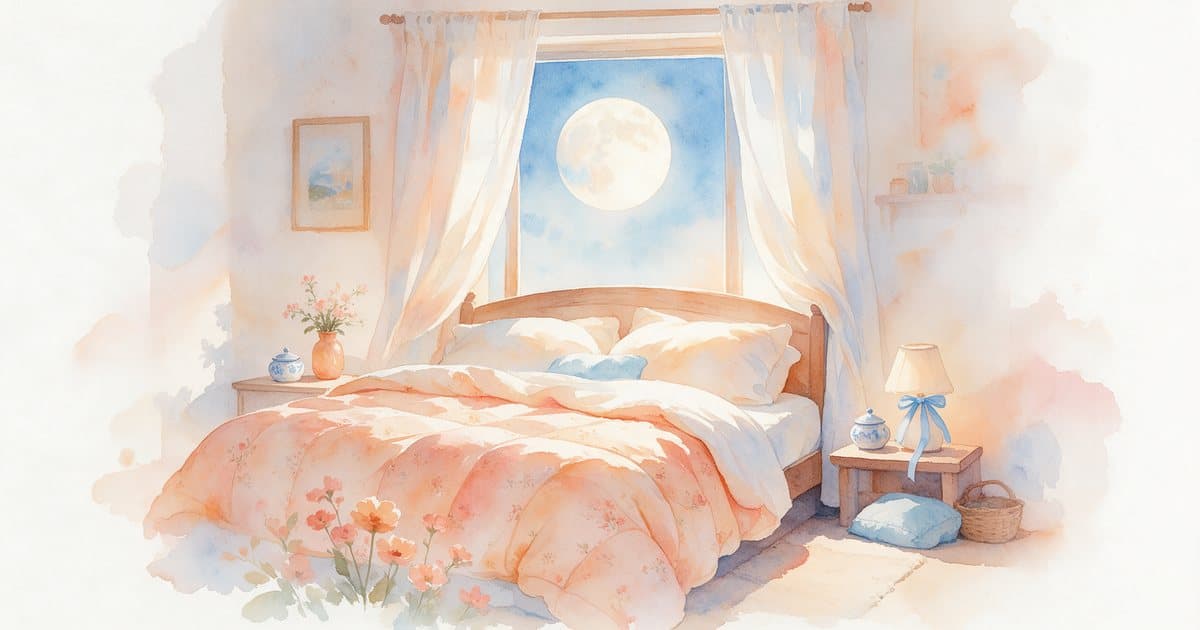 Watercolor of a softly lit bedroom at night, a full moon glowing through sheer curtains above the bed, the drowsy state SATS is named for.