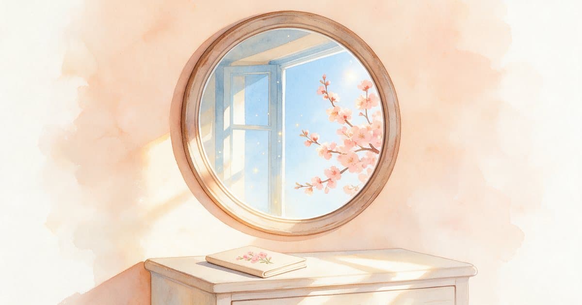 Watercolor of a round mirror reflecting a sunny window and blossoms, with a small notebook of self-concept affirmations on the dresser below.