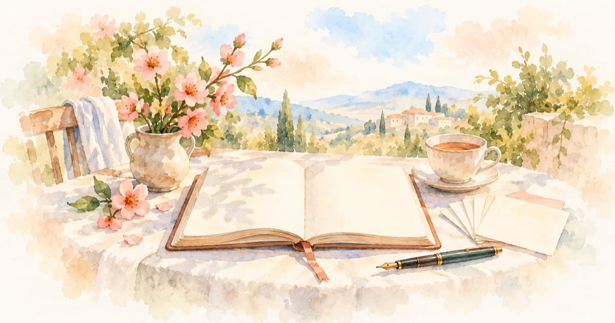 Watercolor of an open journal with blank pages on a sunlit linen table, with a fountain pen, a small fan of blank prompt cards, a cup of tea and a sprig of peach blossom.