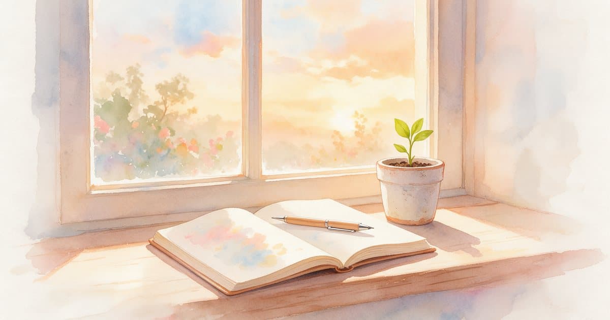 Watercolor of a beginner’s manifestation notebook and pen on a sunlit windowsill at sunrise, with a small green sprout in a ceramic pot.