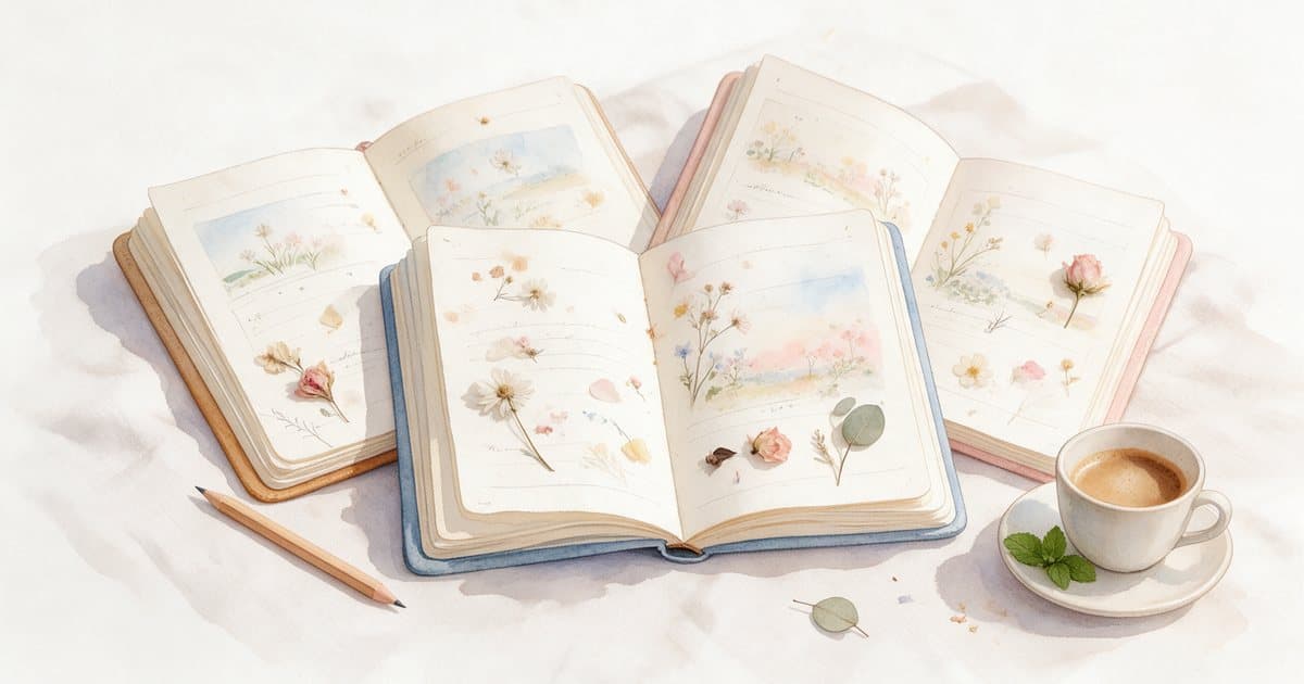 Watercolor of three open manifestation journals with pressed flowers and soft sketches, a pencil and a cup of coffee on linen.