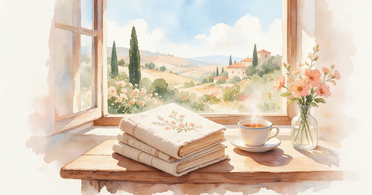 Watercolor of a stack of linen-covered manifestation journals and a steaming cup of tea on a table by a window, with coral flowers in a glass.