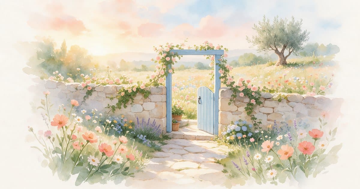 Watercolor of a garden path leading to a small wooden gate in a stone wall, with a flowering meadow beyond: the wish ahead and the obstacle in the way, as mental contrasting pictures them.