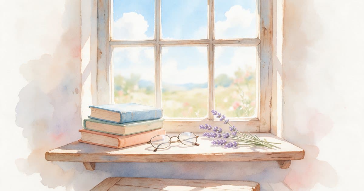 Watercolor of a small stack of cloth-bound Neville Goddard books, reading glasses and lavender on a sunny windowsill.