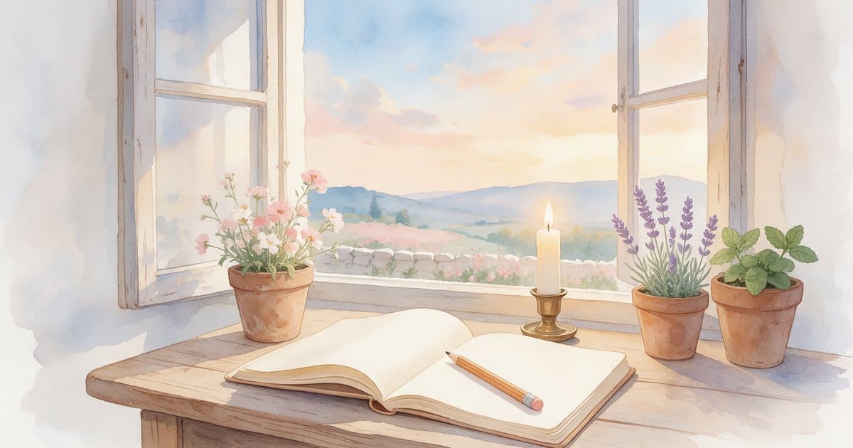 Watercolor of an open diary and a pencil beside a lit candle on a windowsill at dusk, set out for the nightly revision technique.