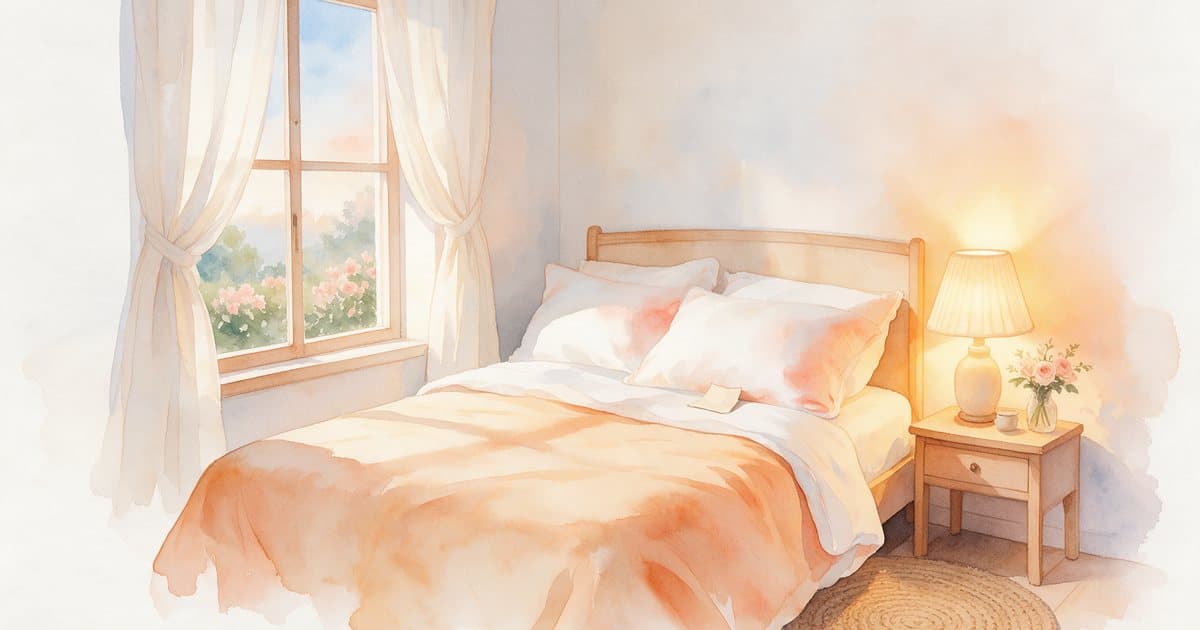 Watercolor of a neatly made bed with peach covers and a glowing bedside lamp beside a window, ready for the pillow method’s folded note.