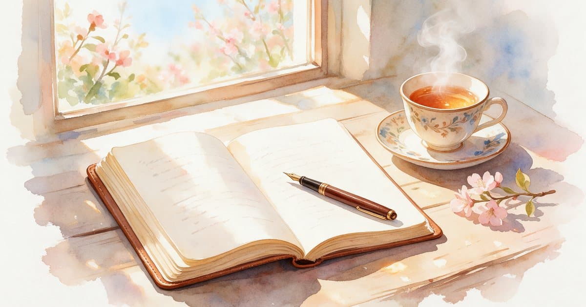 Watercolor of an open scripting journal with a fountain pen, a cup of tea and a sprig of blossom on a sunny desk.