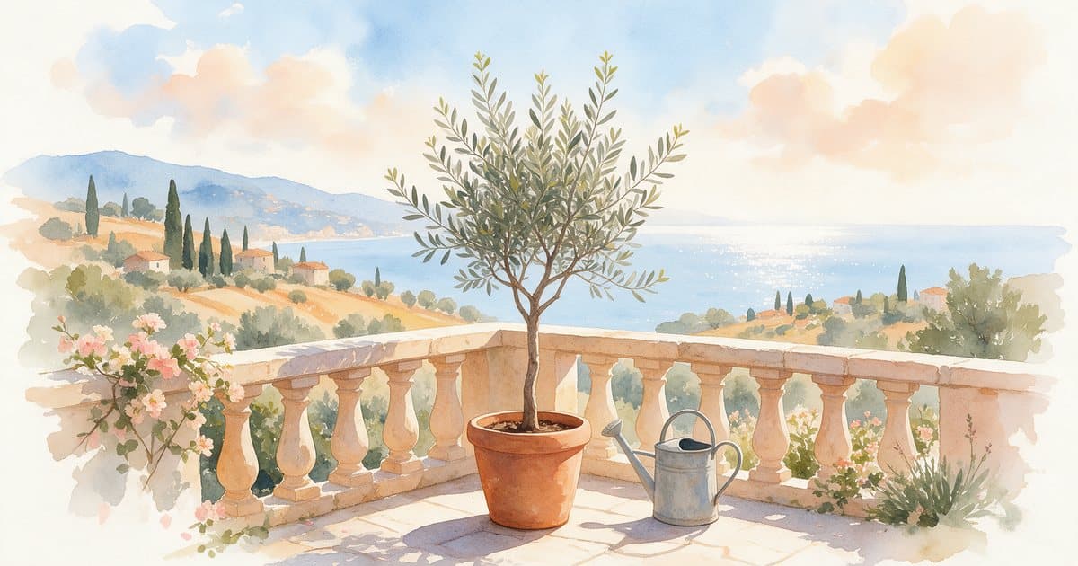 Watercolor of a young olive tree in a terracotta pot on a sunny balcony, with a watering can and the sea beyond, a picture of a self-concept that grows with steady care.