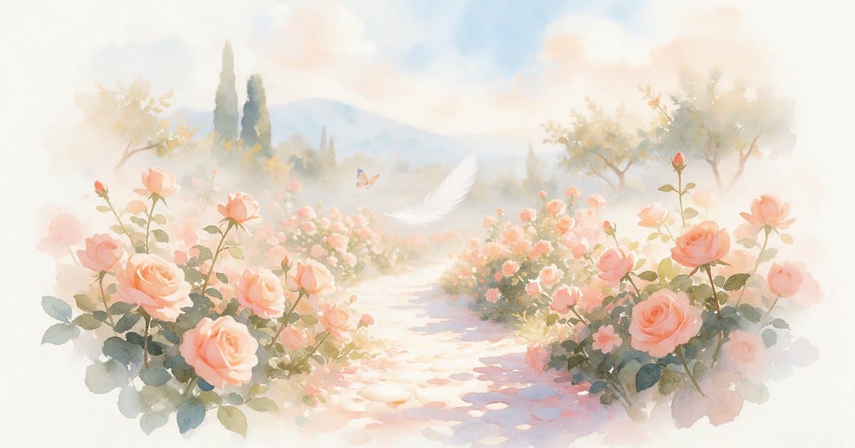 Watercolor of a white feather drifting over a garden path lined with peach roses, the kind of small sign people read as a manifestation on its way.