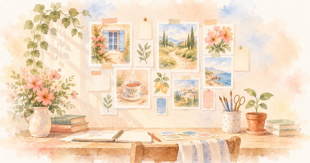 Watercolor of a vision board pinned above a sunny desk, a loose grid of small paintings of a window, a tea cup, a path and flowers, with blank paper tags, washi tape, scissors and a seedling.