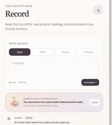 MurMur app screen titled Record, with a field to note what moved and tabs for signal, action, feeling, and outcome.