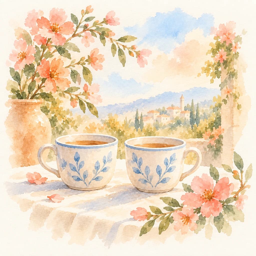 A 2027 vision board image for love: watercolor of two ceramic cups of tea on a sunny stone ledge, with peach blossoms and a hill town in the distance.