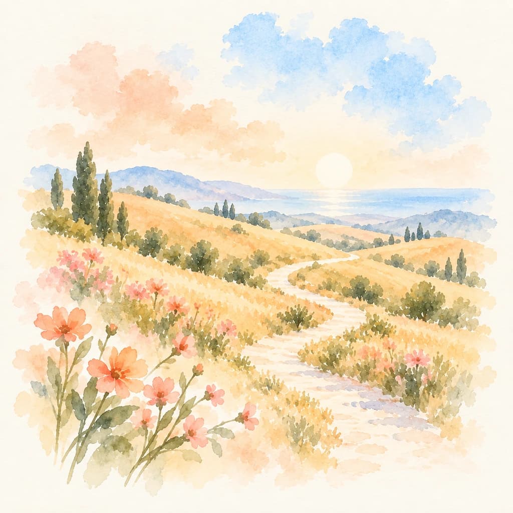 Watercolor of a pale path winding through golden hills and coral flowers toward the sea under a low sun.