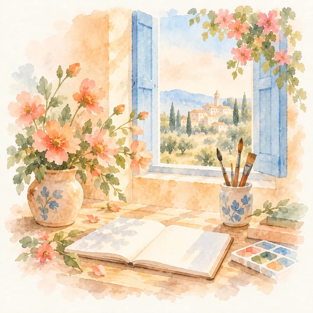 A 2027 vision board image for work: watercolor of an open sketchbook, paintbrushes in a jar, a paint palette and a vase of peach flowers on a table by a window with blue shutters open onto a hill town.