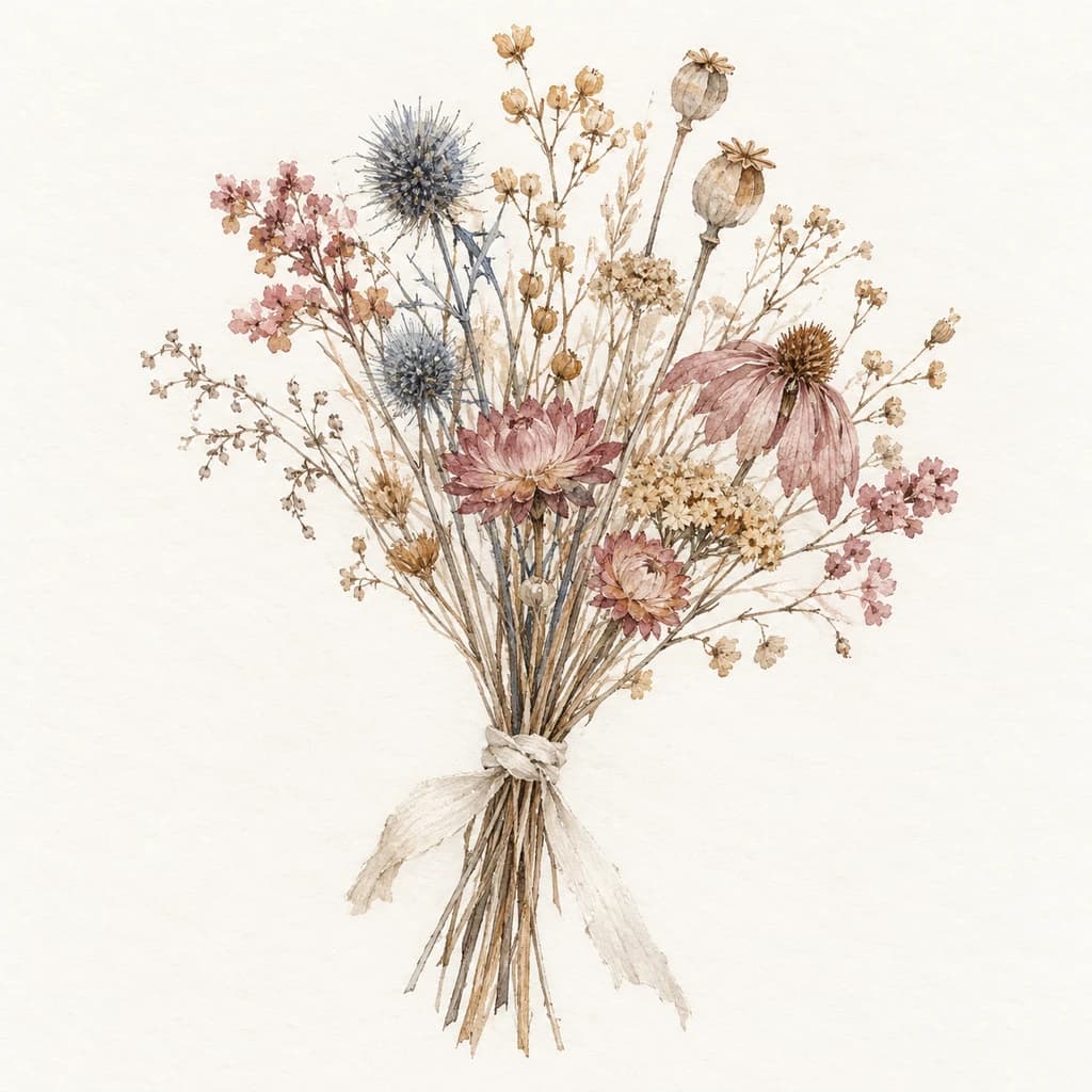 Watercolor bouquet, a quiet image for the law of assumption: dried wildflowers and thistles tied with a pale linen ribbon.