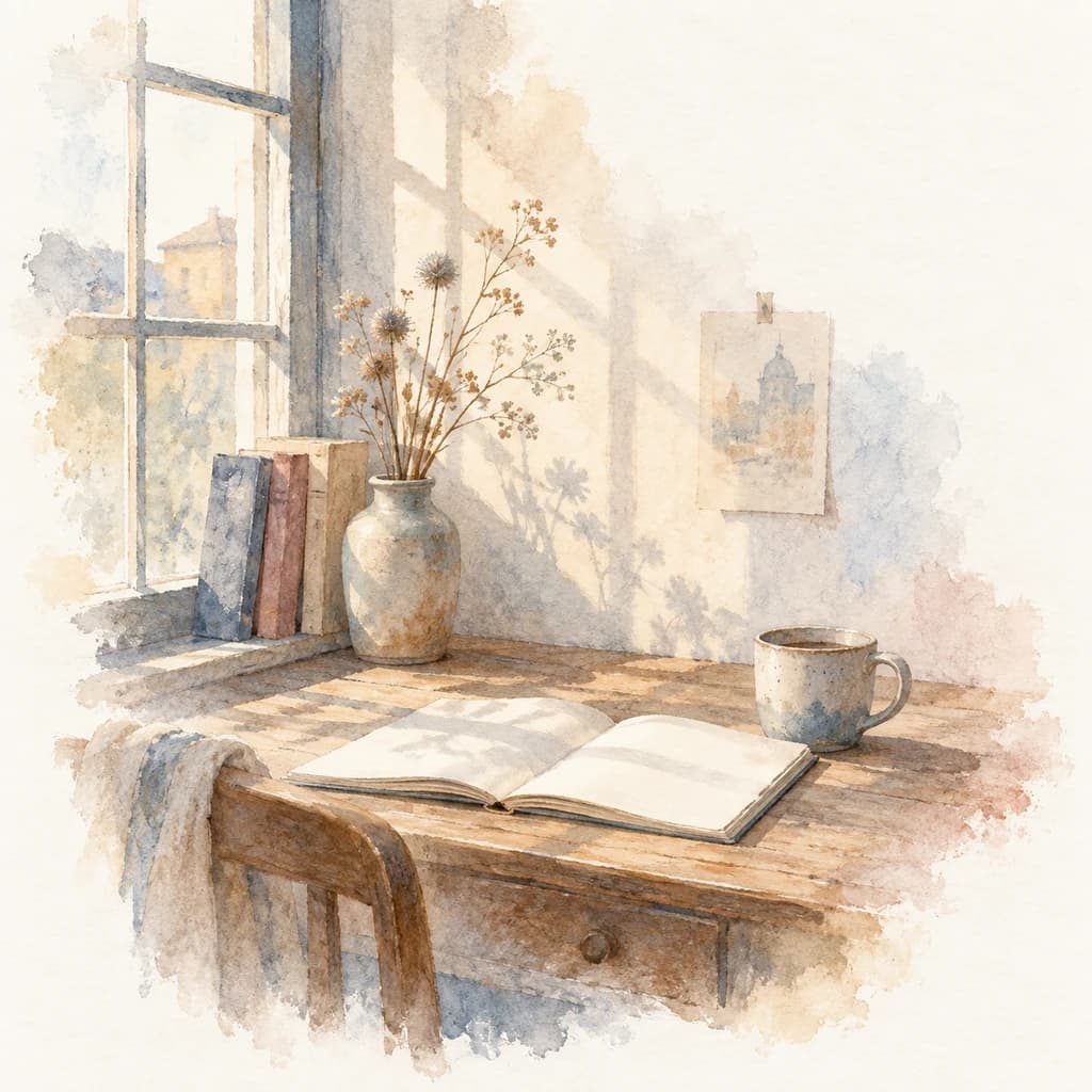 Watercolor of a wooden desk by a window, with an open blank notebook ready for an 11:11 wish, a ceramic mug, and dried flowers in a vase.