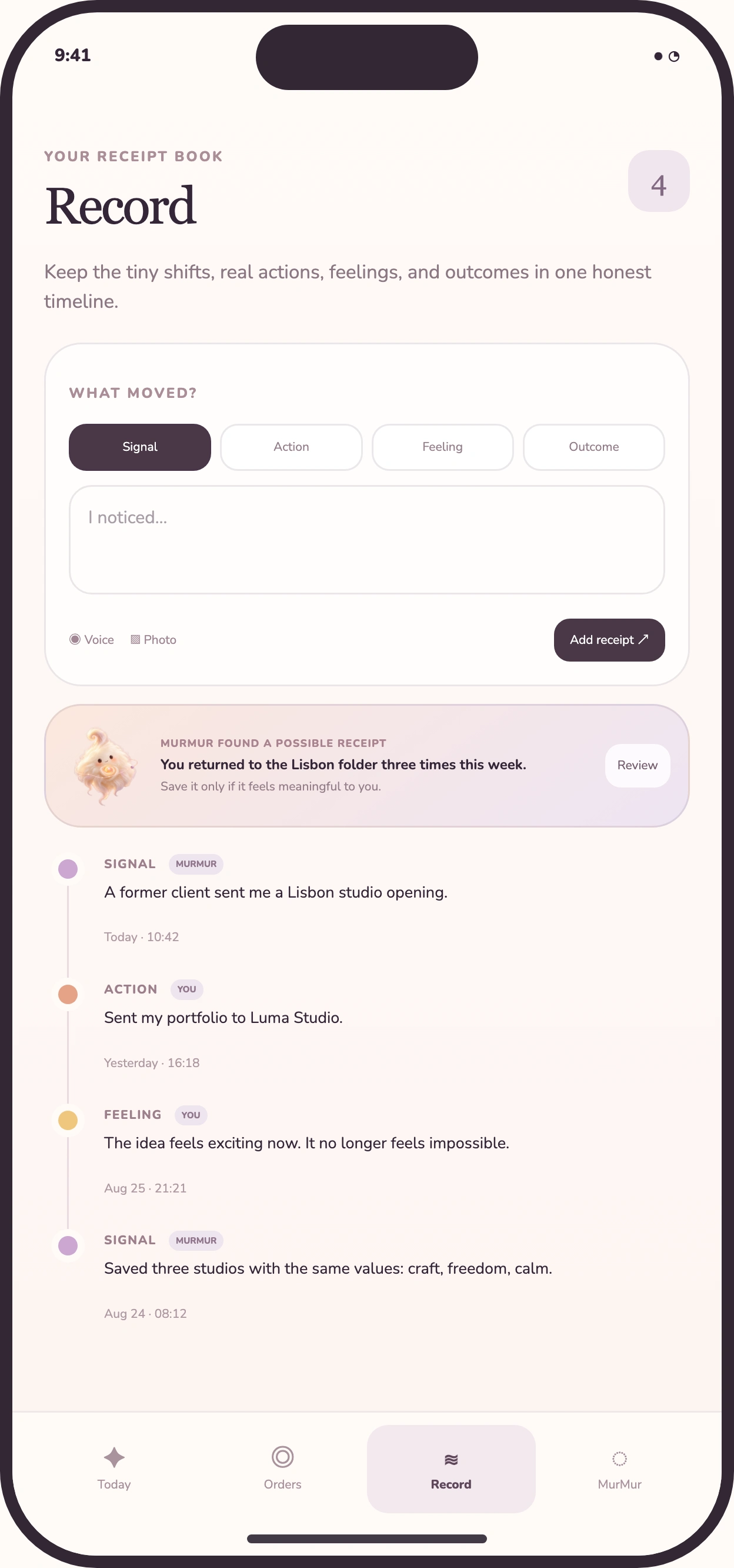 The full MurMur Record screen showing the timeline the user controls