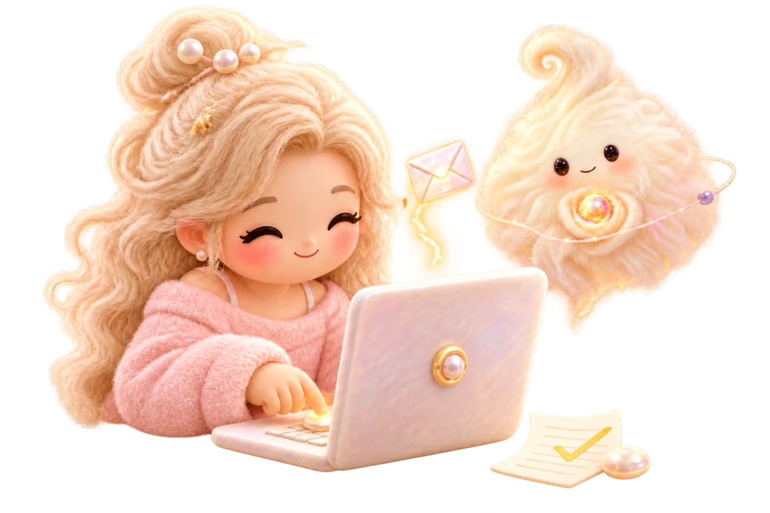 A woman sending her portfolio while MurMur helps beside her