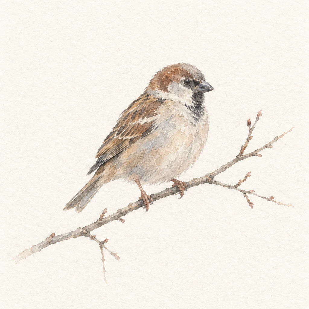 Watercolor sparrow resting on a branch